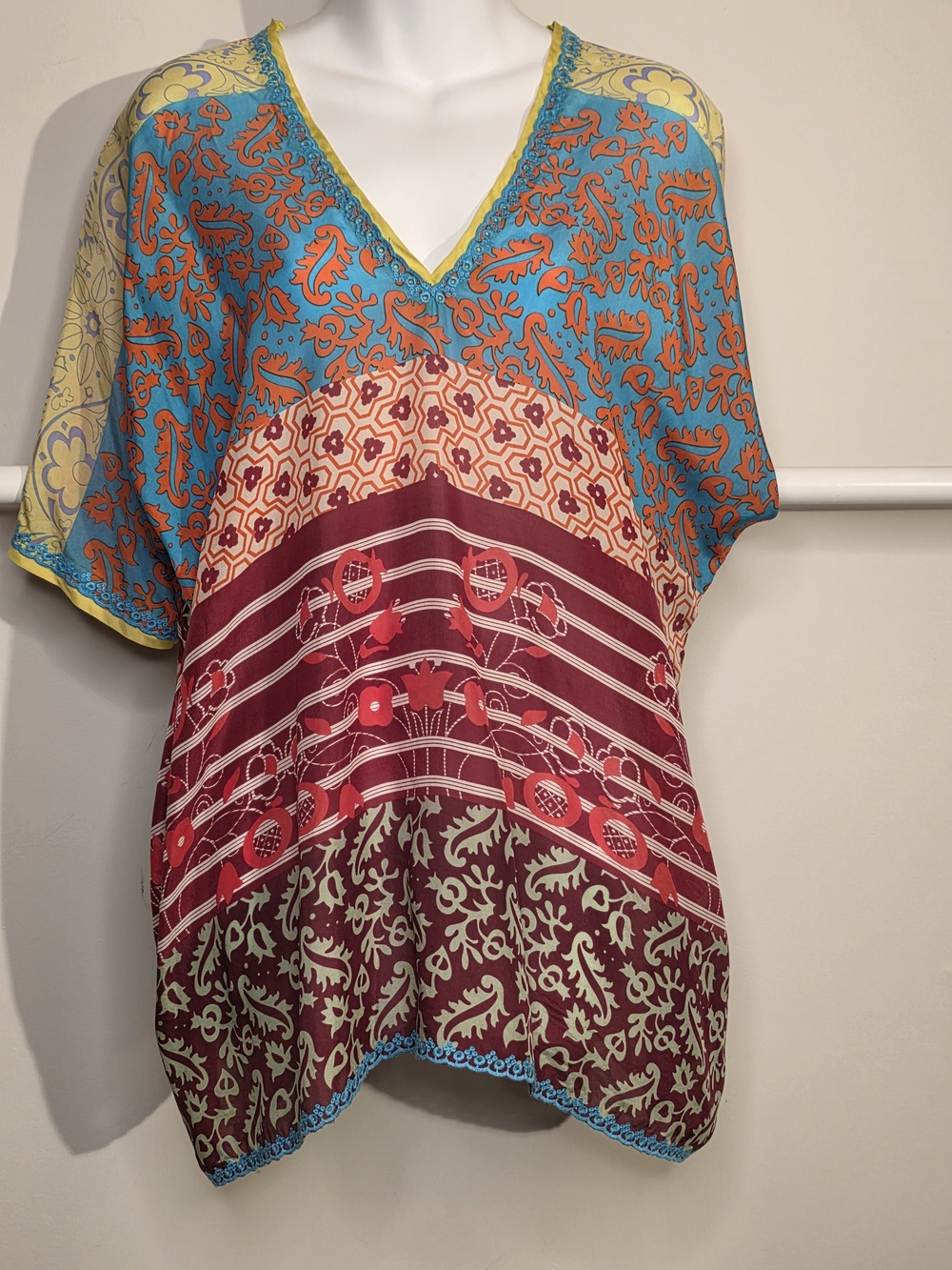 Johnny Was Mixed-Print V-Neck Tunic — Teal, Orange, Burgundy, Cream